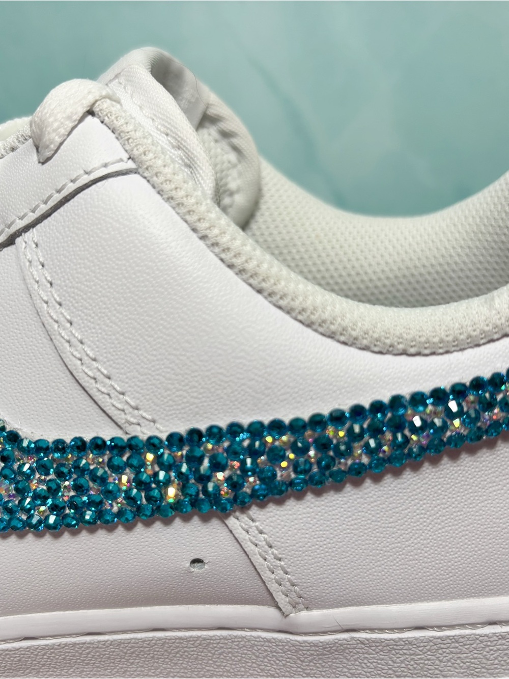 Nike Air Force 1 Custom Teal Rhinestone Sparkle Swoosh AF1 Shoes | Size 9 - Picture 7 of 9
